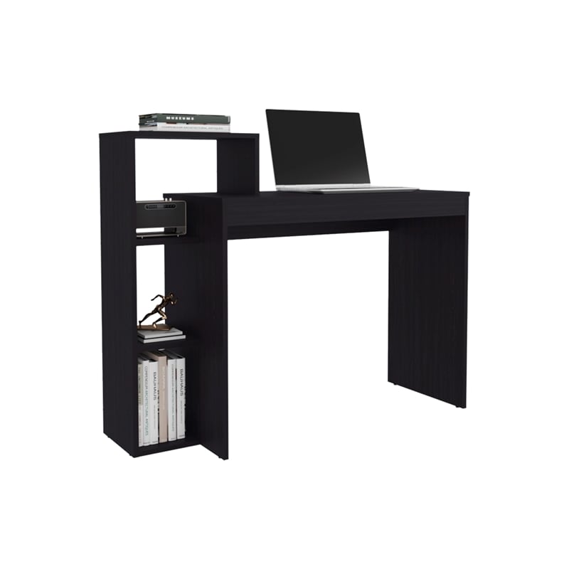 Malibu Desk Modern Black Wood Writing Desk with Integrated Storage Shelves
