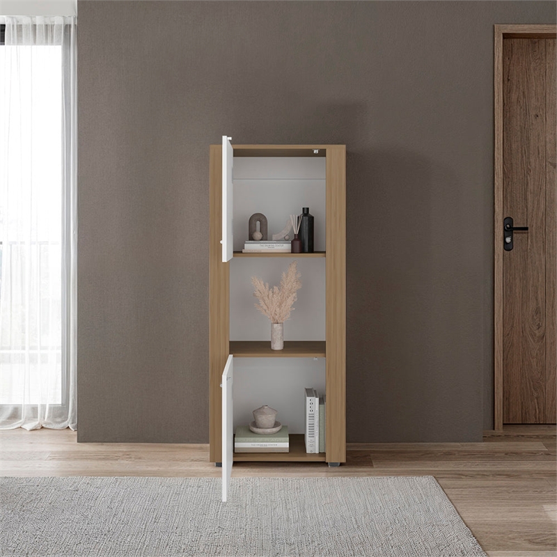 Dorneyville Modern Bookcase with Storage White and Beige Wood Finish