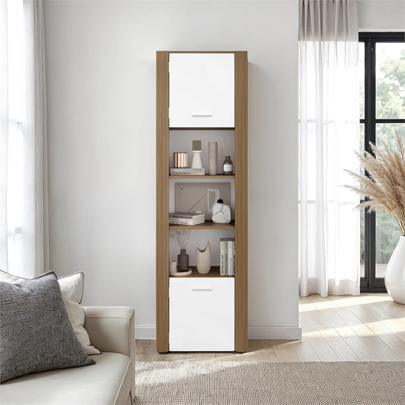 Dupont Bookcase Modern Tall Storage Cabinet with White & Manufactured Wood