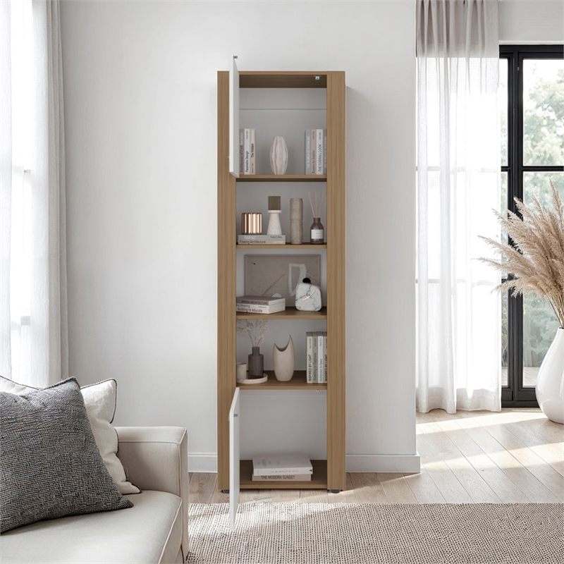 Dupont Bookcase Modern Tall Storage Cabinet with White & Manufactured Wood