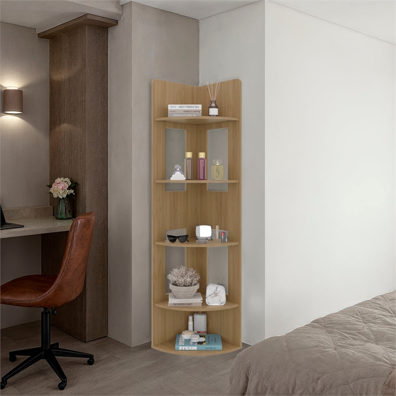 Camellia Corner Bookcase Engineered Wood Storage Cabinet Beige Finish