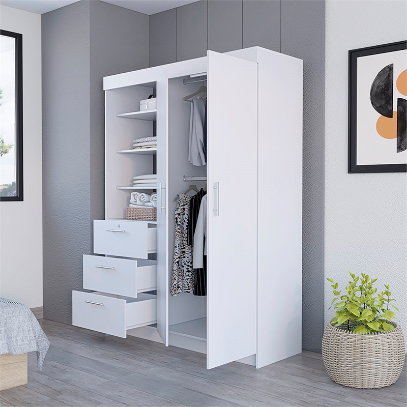 Rumanu Bedroom Armoire Wardrobe Closet with Storage Shelves and Hanging Rod Engineered Wood Furniture Organizer for Bedroom Storage White Finish Modern Design