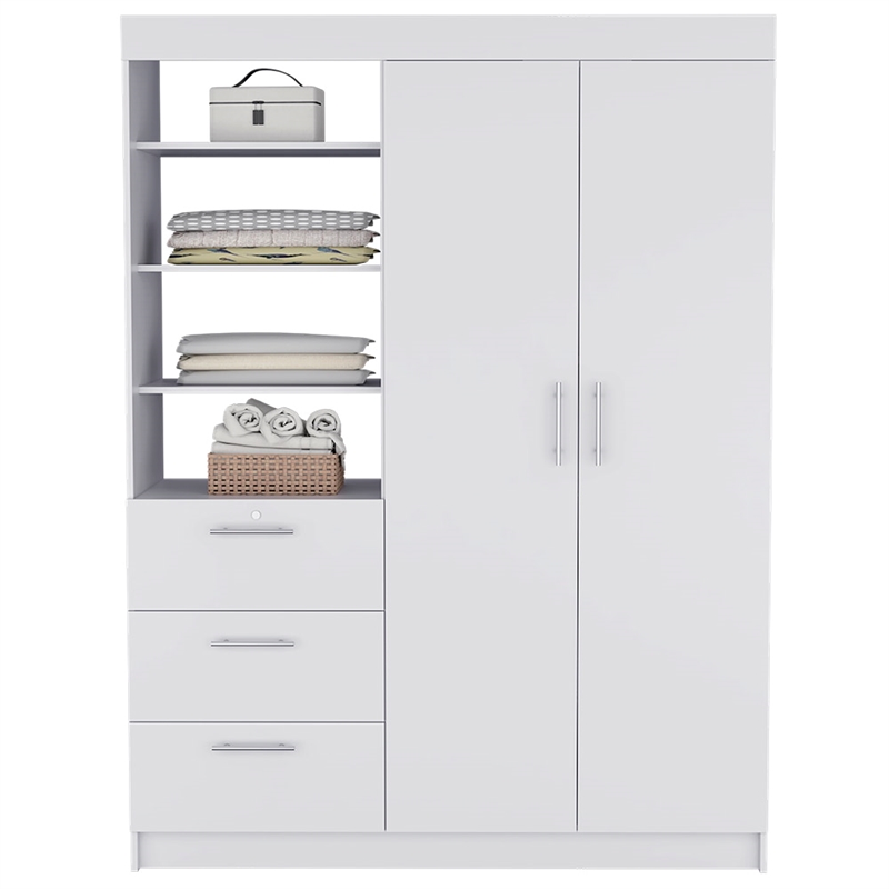 Rumanu Bedroom Armoire Wardrobe Closet with Storage Shelves and Hanging Rod Engineered Wood Furniture Organizer for Bedroom Storage White Finish Modern Design