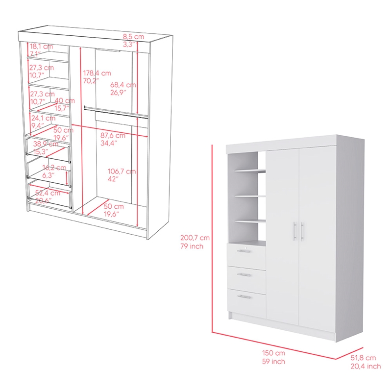 Rumanu Bedroom Armoire Wardrobe Closet with Storage Shelves and Hanging Rod Engineered Wood Furniture Organizer for Bedroom Storage White Finish Modern Design