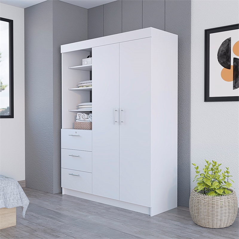 Rumanu Bedroom Armoire Wardrobe Closet with Storage Shelves and Hanging Rod Engineered Wood Furniture Organizer for Bedroom Storage White Finish Modern Design
