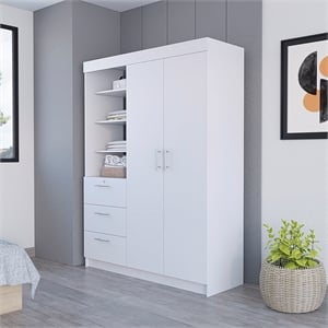 Rumanu Bedroom Armoire Wardrobe Closet with Storage Shelves and Hanging Rod Engineered Wood Furniture Organizer for Bedroom Storage White Finish Modern Design