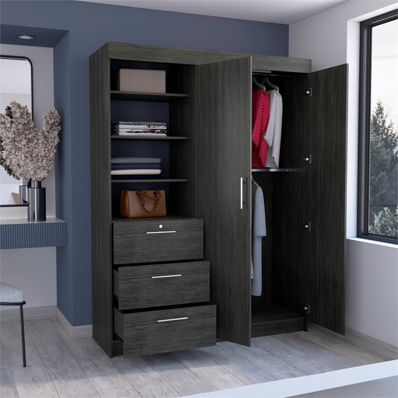 Rumanu Bedroom Armoire Wardrobe Closet with Storage Shelves and Hanging Rod Engineered Wood Furniture Organizer for Bedroom Storage Smoke Gray Finish Modern Design