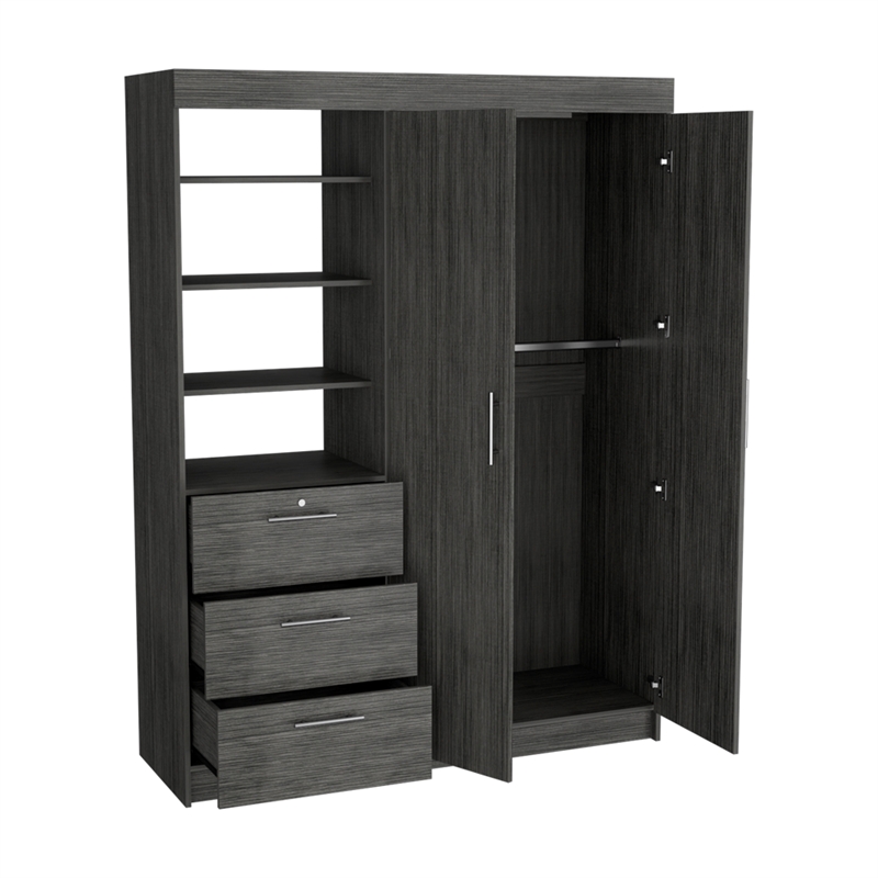 Rumanu Bedroom Armoire Wardrobe Closet with Storage Shelves and Hanging Rod Engineered Wood Furniture Organizer for Bedroom Storage Smoke Gray Finish Modern Design