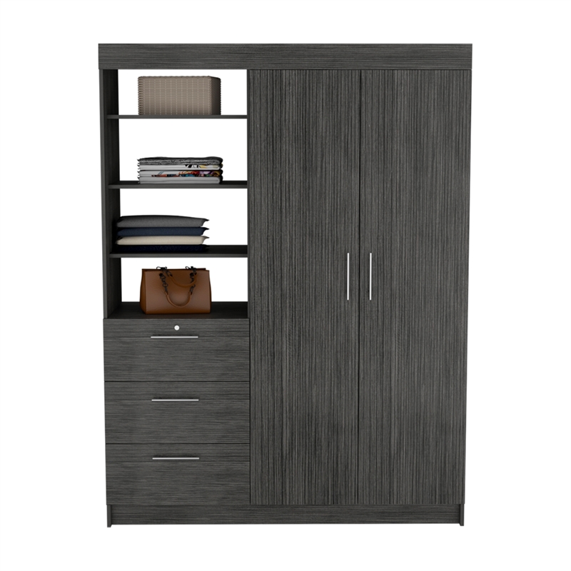 Rumanu Bedroom Armoire Wardrobe Closet with Storage Shelves and Hanging Rod Engineered Wood Furniture Organizer for Bedroom Storage Smoke Gray Finish Modern Design