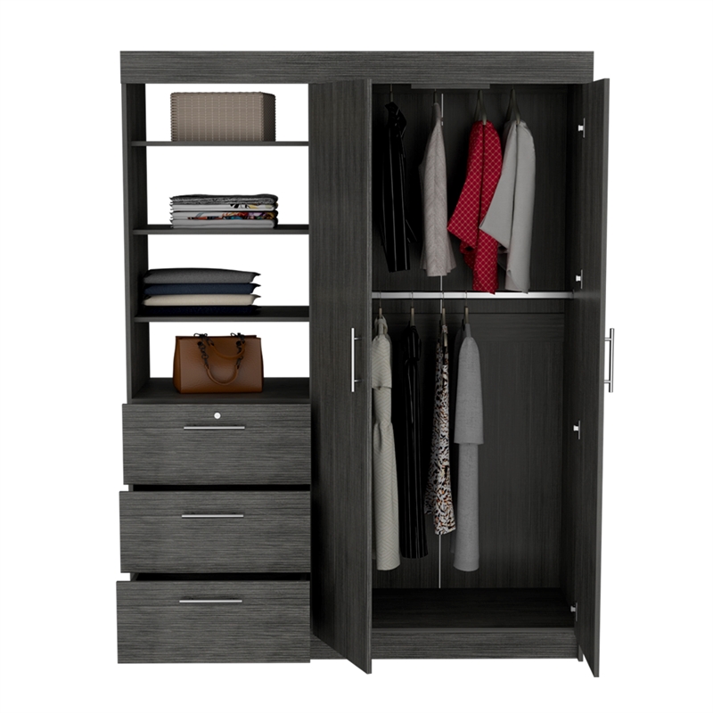 Rumanu Bedroom Armoire Wardrobe Closet with Storage Shelves and Hanging Rod Engineered Wood Furniture Organizer for Bedroom Storage Smoke Gray Finish Modern Design