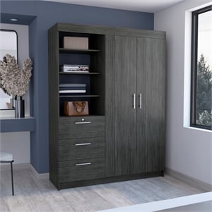 Rumanu Bedroom Armoire Wardrobe Closet with Storage Shelves and Hanging Rod Engineered Wood Furniture Organizer for Bedroom Storage Smoke Gray Finish Modern Design