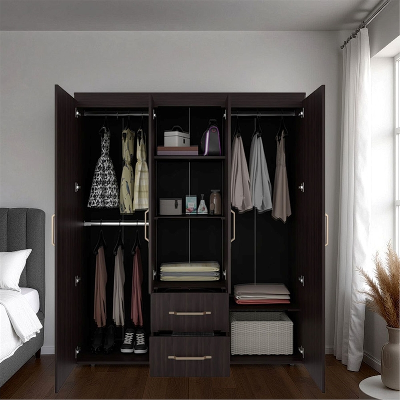 Elma Petunia Bedroom Armoire Wardrobe Closet with Shelves and Hanging Rod Engineered Wood Furniture Organizer Brown Finish