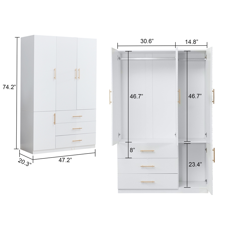3 Doors Wood Morden White Closet Armoire Wardrobe Clothes Closet for Bedroom
