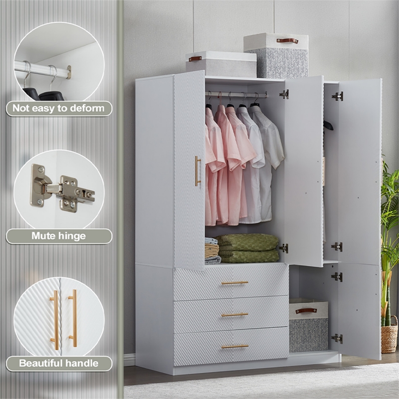 3 Doors Wood Morden White Closet Armoire Wardrobe Clothes Closet for Bedroom