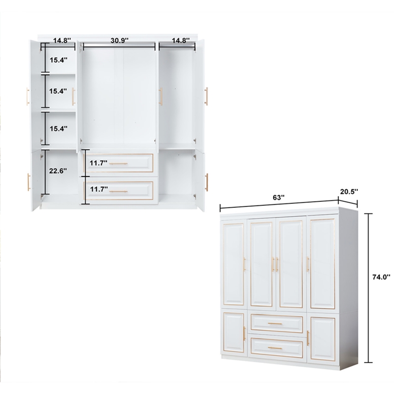Tall 4 Doors Wood Wardrobe Closet 2 Drawers White Closet Armoire Wardrobe