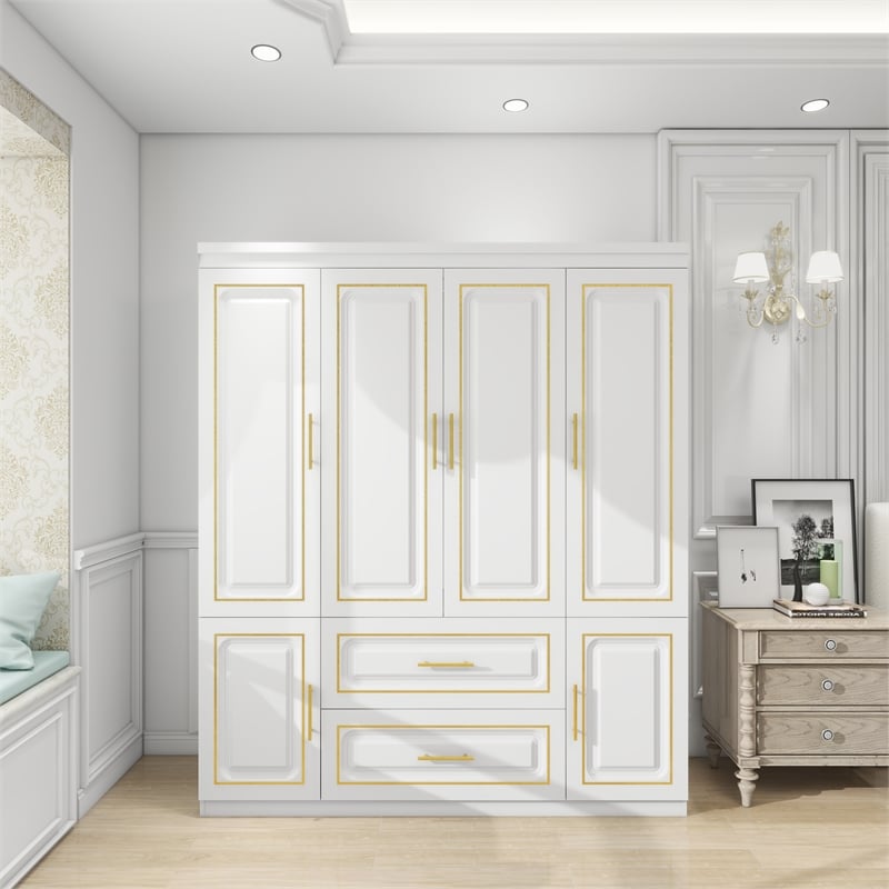 Tall 4 Doors Wood Wardrobe Closet 2 Drawers White Closet Armoire Wardrobe