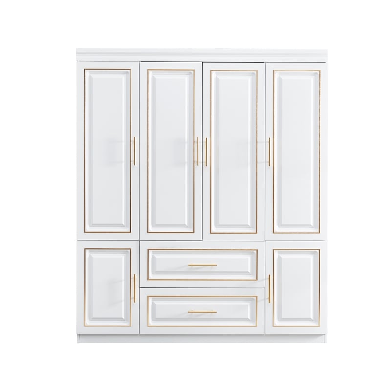Tall 4 Doors Wood Wardrobe Closet 2 Drawers White Closet Armoire Wardrobe
