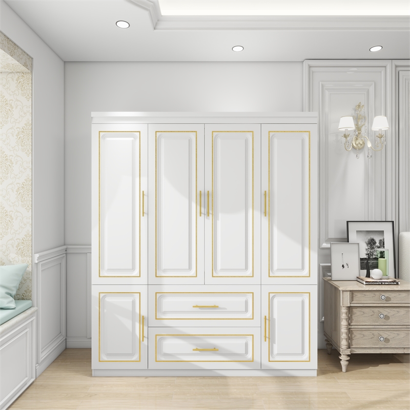 Tall 4 Doors Wood Wardrobe Closet 2 Drawers White Closet Armoire Wardrobe