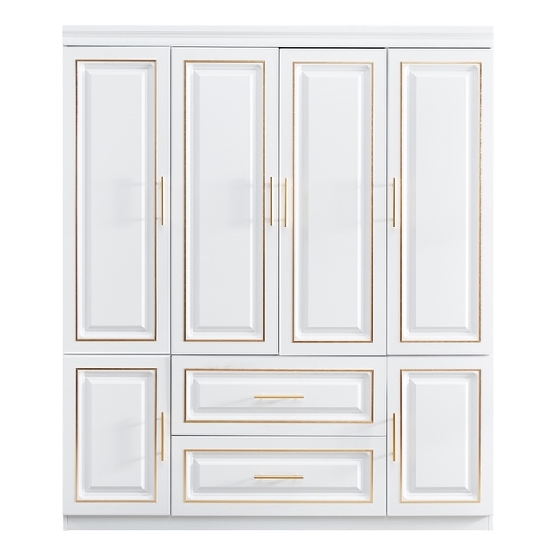 Tall 4 Doors Wood Wardrobe Closet 2 Drawers White Closet Armoire Wardrobe