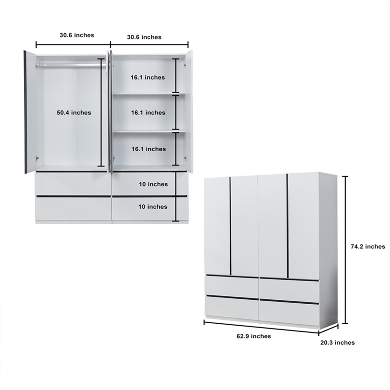 Tall 4 Doors White Wood Wardrobe Closet Armoire for Bedroom