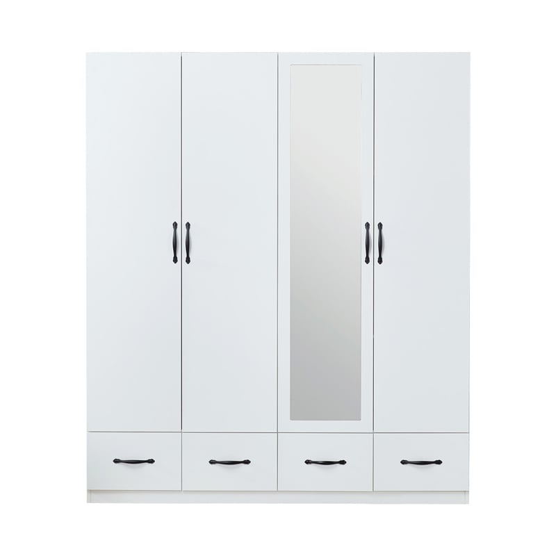 Modern White Mirror Wardrobe Closet shelves 4 Doors Wood Freestanding Armoire
