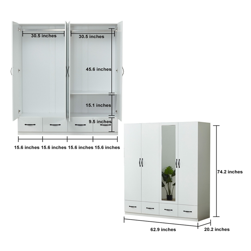 Modern White Mirror Wardrobe Closet shelves 4 Doors Wood Freestanding Armoire