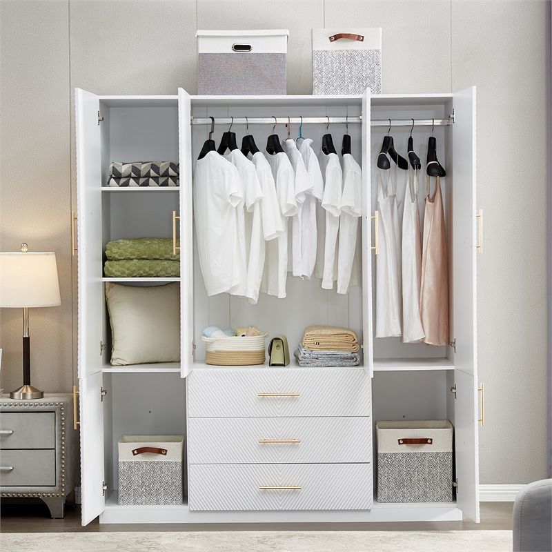 Wood 4 Doors 3 Drawers White Closet Wardrobe Closet Storage Armoire for Bedroom