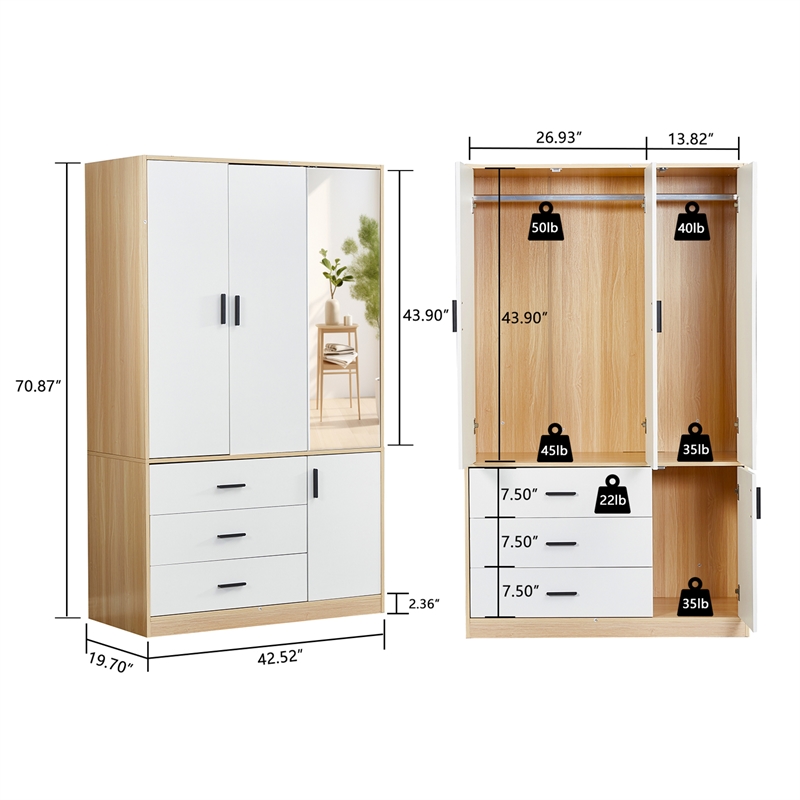 Armoire Wardrobe Closet 4 Doors Modern White Wood Bedroom Closet Freestanding