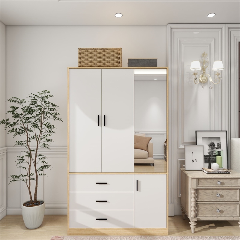 Armoire Wardrobe Closet 4 Doors Modern White Wood Bedroom Closet Freestanding
