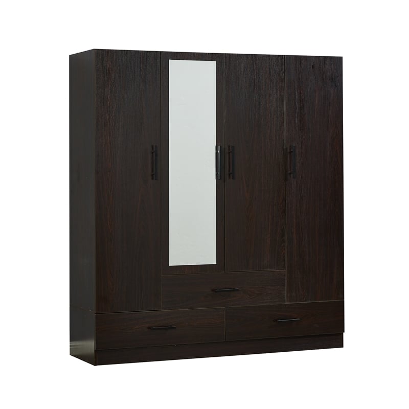 Mirror Wardrobe Armoire Wood Closet 4 Doors 2 rods 4 shelves 3 drawers Black