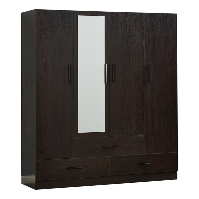 Mirror Wardrobe Armoire Wood Closet 4 Doors 2 rods 4 shelves 3 drawers Black