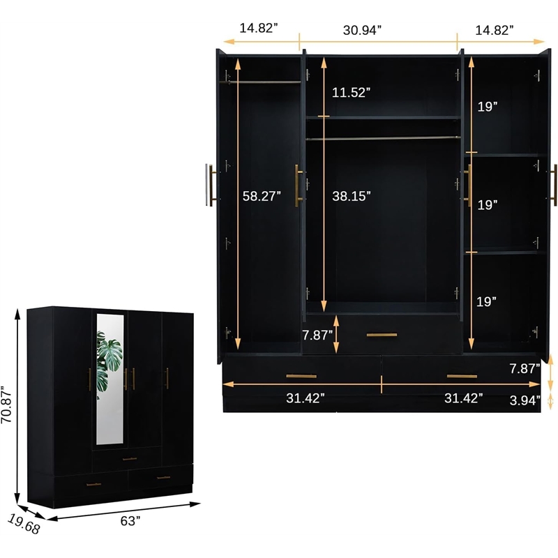 4 Doors Wood Wardrobe with Mirror Armoire Black Closet with 4 shelves 3 drawers