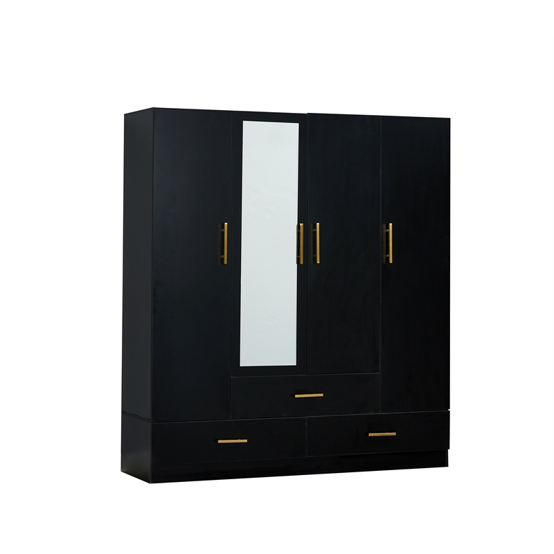 4 Doors Wood Wardrobe with Mirror Armoire Black Closet with 4 shelves 3 drawers