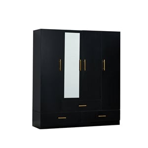 4 Doors Wood Wardrobe with Mirror Armoire Black Closet with 4 shelves 3 drawers