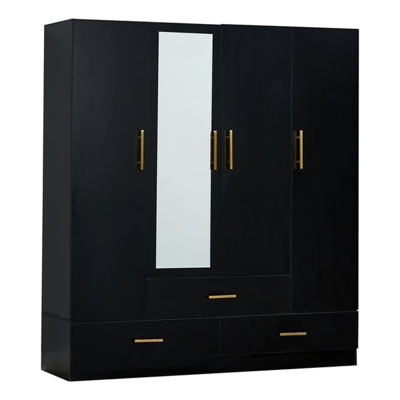 4 Doors Wood Wardrobe with Mirror Armoire Black Closet with 4 shelves 3 drawers