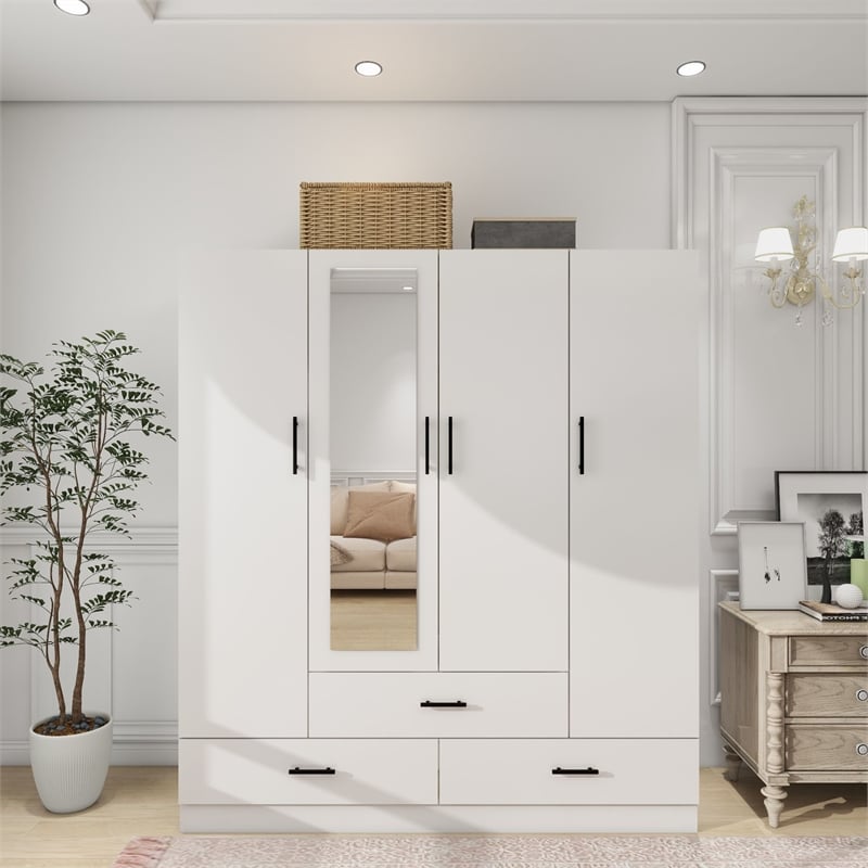 4 Doors Wood Wardrobe with Mirror Armoire White Closet with 2 rods and 4 shelves