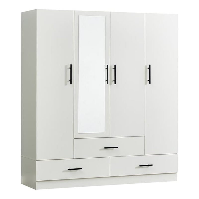 4 Doors Wood Wardrobe with Mirror Armoire White Closet with 2 rods and 4 shelves