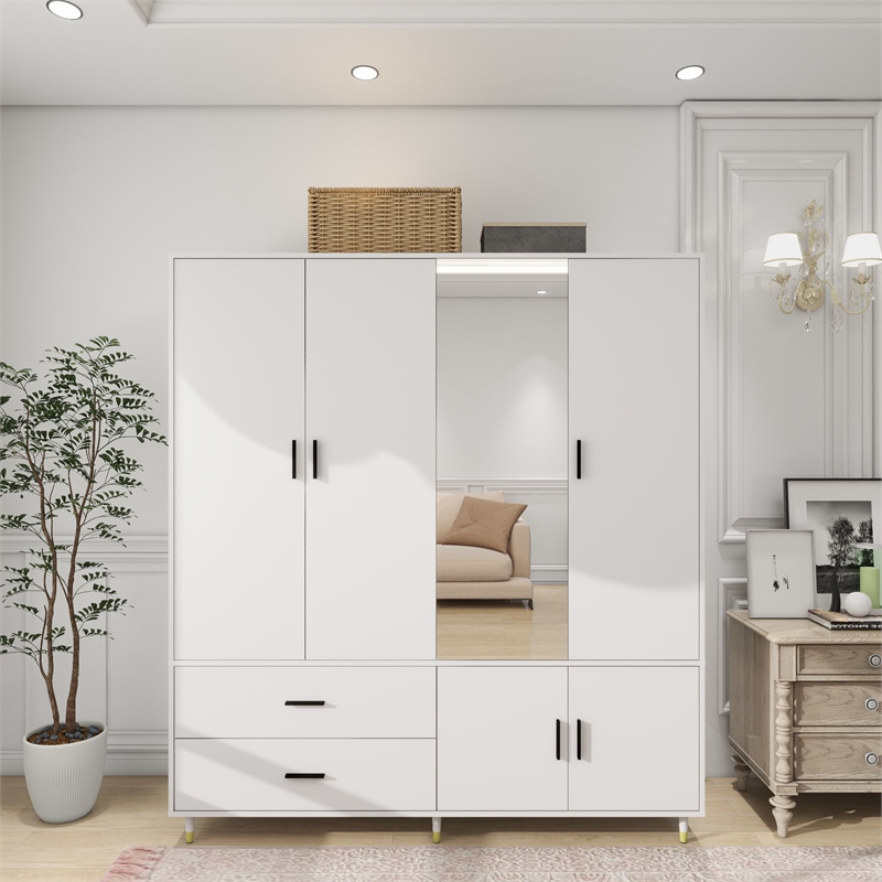 4 Door Wood Armoires Wardrobe Cabinet with 2 Drawers 5 Shelves Closet White