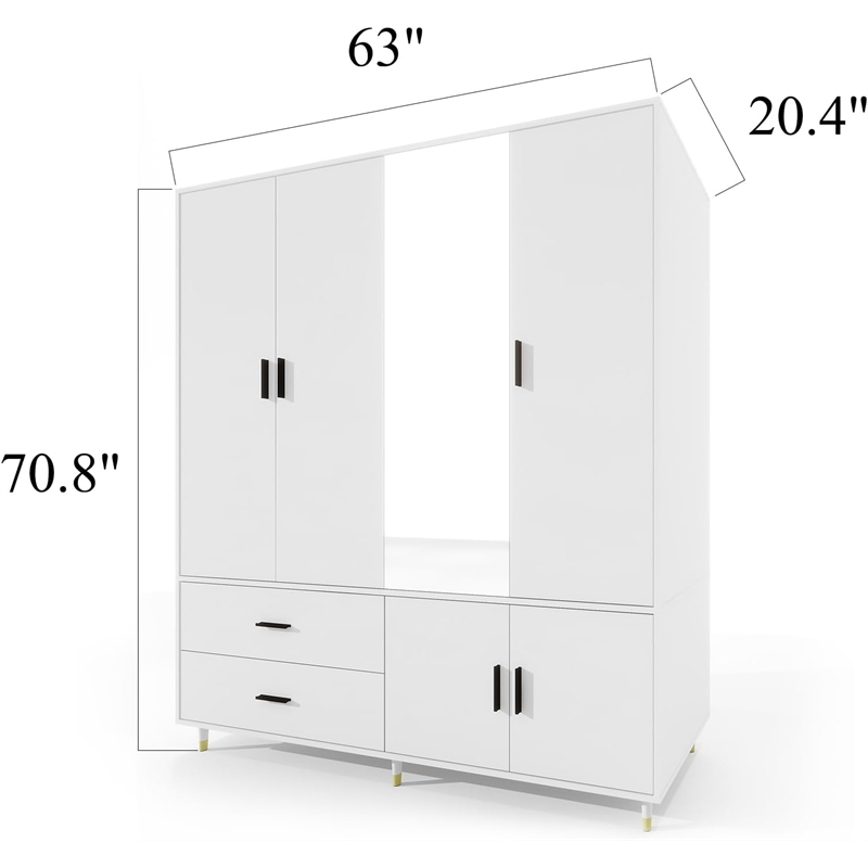 4 Door Wood Armoires Wardrobe Cabinet with 2 Drawers 5 Shelves Closet White