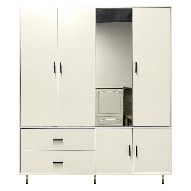 4 Door Wood Armoires Wardrobe Cabinet with 2 Drawers 5 Shelves Closet White
