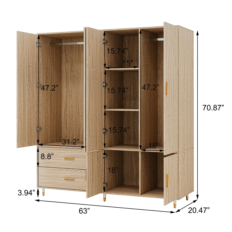 4 Door Armoire Wardrobe Wood Armoires Wardrobe with 2 Drawers 5 Shelves Oak