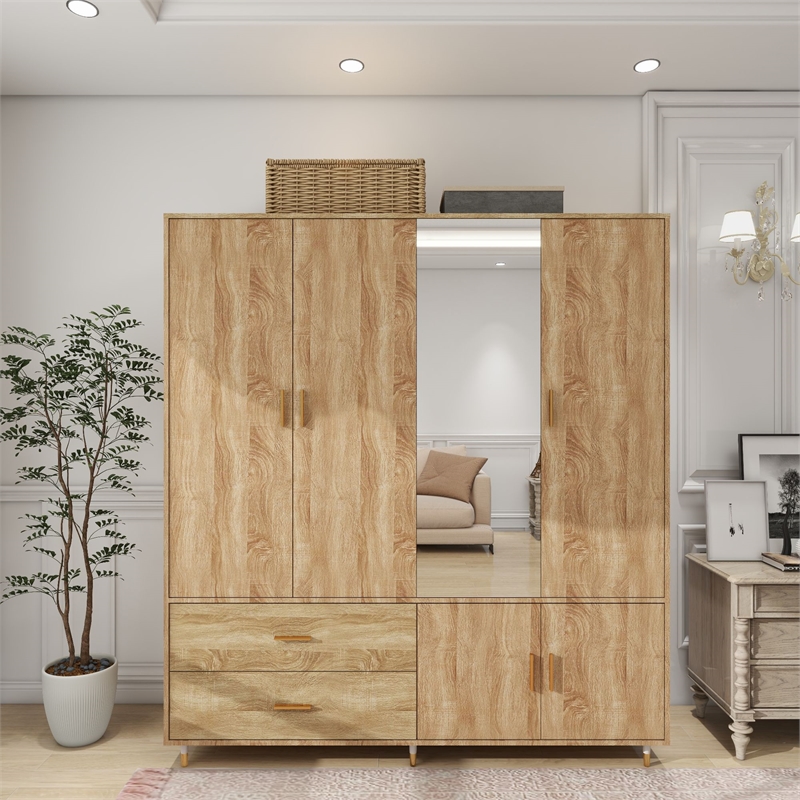 4 Door Armoire Wardrobe Wood Armoires Wardrobe with 2 Drawers 5 Shelves Oak