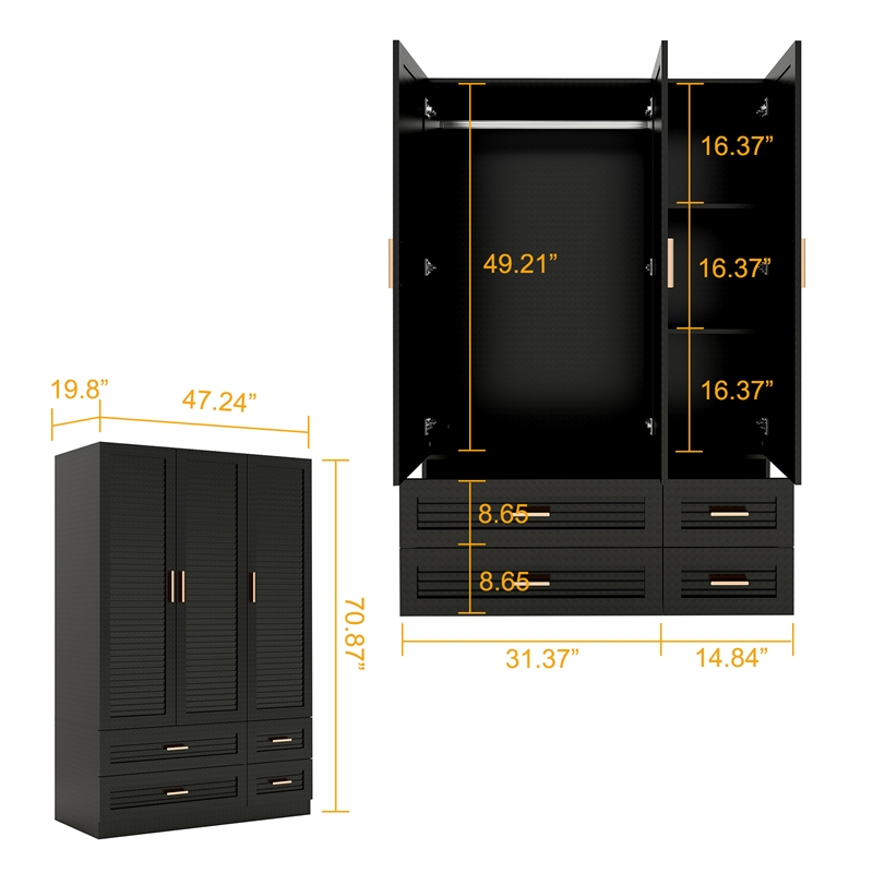 3 Doors Wood Armoire Wardrobe Closet organizer System with 4 Drawers in Black