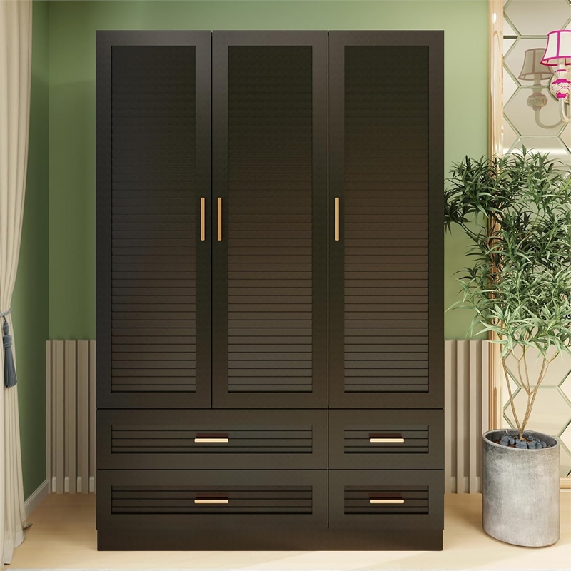 3 Doors Wood Armoire Wardrobe Closet organizer System with 4 Drawers in Black