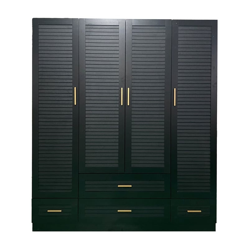 4 Doors Wood Armoire Wardrobe Closet Organize System with 4 Drawers Black