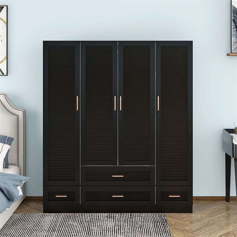 4 Doors Wood Armoire Wardrobe Closet Organize System with 4 Drawers Black