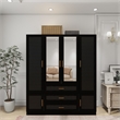 4 Doors Wood Armoire Wardrobe Closet with mirror Closet Organizer 4 Drawer Black