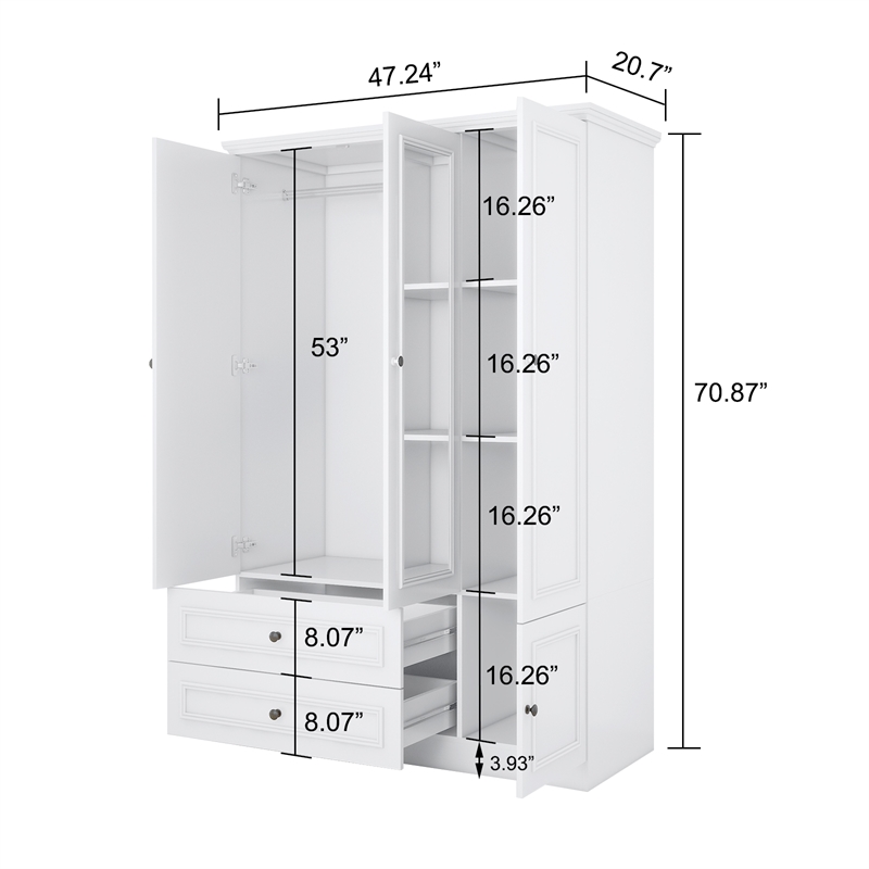 3 Doors Armoire Wardrobe Closet Wood with 2 Drawers Mirror for Bedroom White