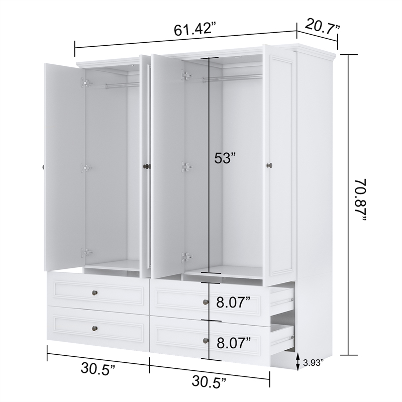 4 Doors Wood Armoire Wardrobe Closet Organize 4 Drawers Mirror for Bedroom White