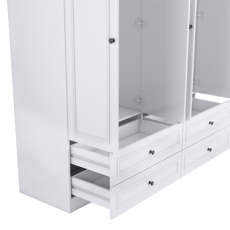 4 Doors Wood Armoire Wardrobe Closet Organize 4 Drawers Mirror for Bedroom White